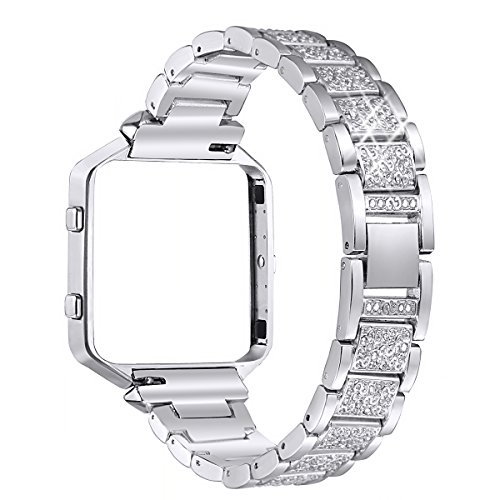Book Cover bayite Metal Bands with Frame Compatible Fitbit Blaze, Rhinestone Bling Replacement Accessory Bracelet Women, Silver