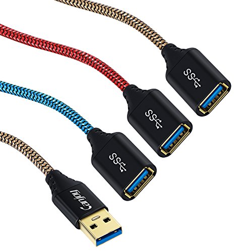 Book Cover USB Extension, Canjoy 3 Pack 6ft USB 3.0 Extension Cable Braided USB Extender Cord A Male to A Female Fast Data Transfer Compatible Oculus VR,PS4,Xbox,Mouse,Keyboard,Printer,Scanner-Red Gold Blue