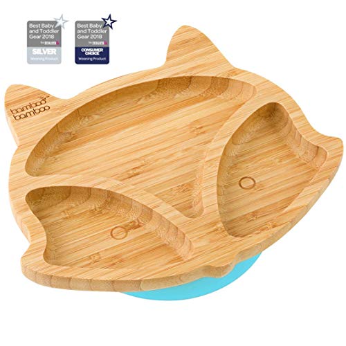 Book Cover bamboo bambooÂ® Baby Toddler Fox Cub Suction Plate, Stay Put Feeding Natural (Blue)