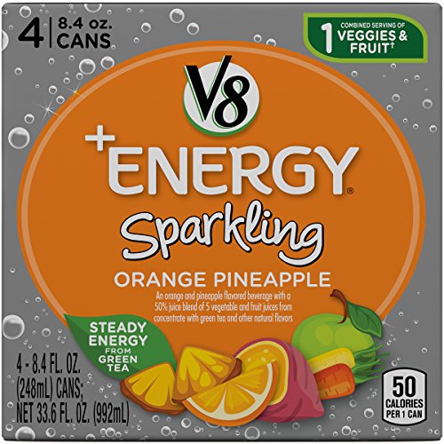Book Cover V8 +Energy Sparkling Healthy Energy Drink, Natural Energy from Tea, Orange Pineapple, 8.4 Fl Oz Can (6 Packs of 4, Total of 24)