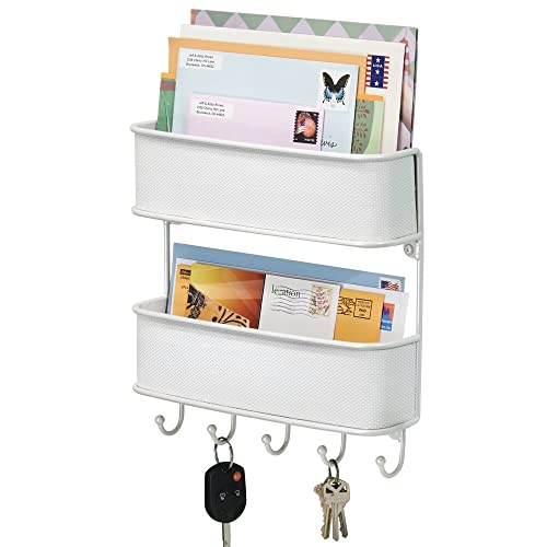 Book Cover mDesign Mail Organizer Wall Mount 2-Tier Storage Sorter with 5 Hooks, Modern Metal Woven Rack for Home Entryway, Kitchen - Hanging Letter, Bill, Mail, and Key Holder for Wall, Tesse Collection, White