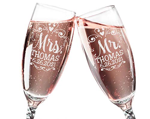 Book Cover Mr Mrs Wedding Reception Celebration Twisty Stem Champagne Glasses Set of 2 Couples Newlywed Married Groom Bride Husband Wife Anniversary Engraved CLEAR Flute Glass Favors (Personalized)