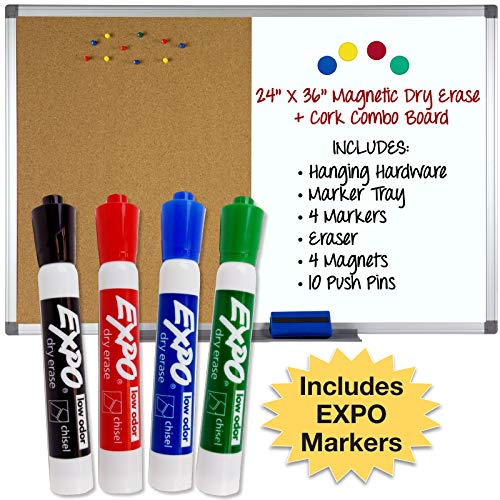 Book Cover Magnetic Dry Erase and Cork Combo Board: 24x36, Aluminum Frame with 4 Markers, 4 Magnets, 10 Push Pins, 1 Eraser, Marker Tray & Hanging Hardware Included