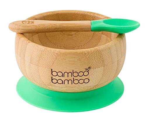 Book Cover Easy Feed Baby Suction Bowl and Matching Spoon Set, Stay Put Feeding Bowl, Natural Bamboo (Green)
