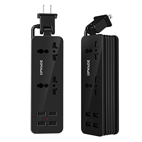 Book Cover Upwade Portable Universal 100V-240V 2 Outlets Surge Protector Travel Power Strip with 4 Smart USB Charger Ports (Max 5V 4.2A) 1200W and 5ft Long Extension Cord Multi-Port Wall Charger (UL Listed)