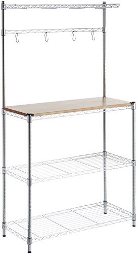 Book Cover AmazonBasics Kitchen Storage Baker's Rack with Table, Wood/Chrome