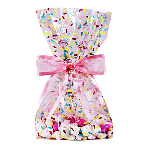 Book Cover Saybrook Products Donut Sprinkles Cellophane Treat/Party Favor Bags with Hot Pink Twist-Tie Organza Bow. Set of 10 Gussetted 11x5x3 Goodie Bags with Bows. Multi-Color