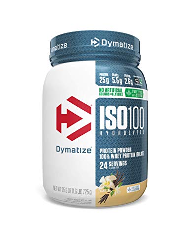 Book Cover Dymatize ISO100 Hydrolyzed Protein Powder, 100% Whey Isolate Protein, 25g of Protein, 5.5g BCAAs, Gluten Free, Fast Absorbing, Easy Digesting, Natural Vanilla, 1.6 Pound
