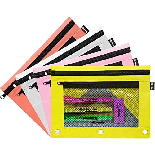 Book Cover Emraw Zippered Pencil Pouches with 3-Ring Grommet Holes & Quick View Mesh Pocket - Colors Included: Black, Green, Red, Blue (4 Pack)