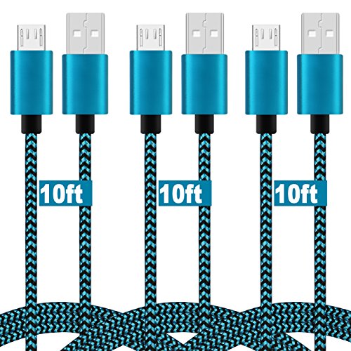 Book Cover Micro USB Cable, 10ft 3 Pack Extra Long Charging Cord Nylon Braided High Speed Durable Fast Charging USB Charger Android Cable for Samsung Galaxy S7 Edge S6 S5,Android Phone,LG G4,HTC, Blue