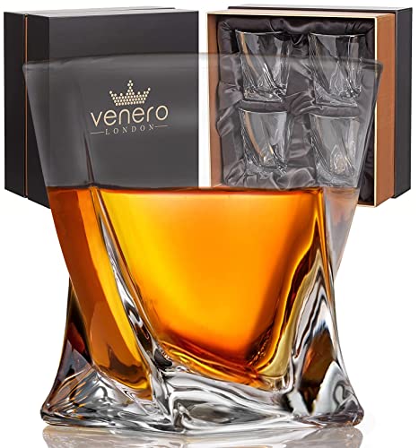 Book Cover VENERO Crystal Whiskey Glasses, Set of 4 Rocks Glasses in Satin-Lined Gift Box - 10 oz Old Fashioned Lowball Bar Tumblers for Drinking Bourbon, Scotch Whisky, Cocktails, Cognac