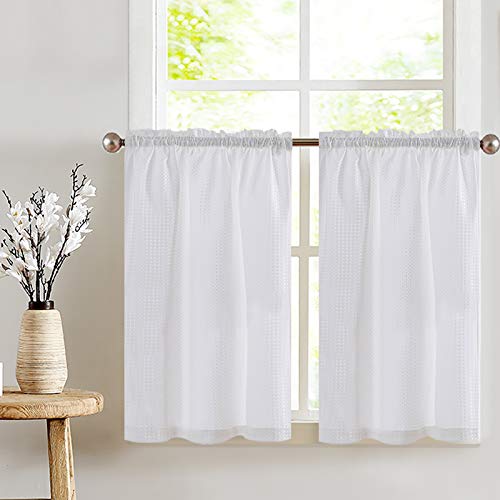 Book Cover Waffle Woven Tier Curtains for Kitchen Water Repellent Bathroom Half Window Curtains, Set of 2, 72