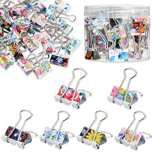 Book Cover 40-Pack Cute Binder Clips for Paper, Notebooks, Planners, File Folders, Office Supplies, Document Organization for School and Work, 6 Assorted Flower Designs (1.5x0.75 in)
