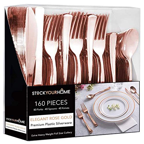 Book Cover Rose Gold Plastic Silverware Set (160 Bulk Pack) Disposable Cutlery Utensils, 80 Forks, 40 Knives, 40 Spoons, Heavy Duty Rose Gold Flatware For Holidays, Parties, Dinners, Weddings, and Occasions