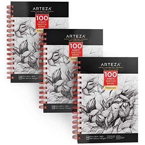 Book Cover Arteza Sketchbooks, Pack of 3, 5.5x8.5 Inches, 100 Sheets Each, Spiral-Bound 68-lb Drawing Paper, Art Supplies for Colored and Graphite Pencils, Charcoal, & Soft Pastel