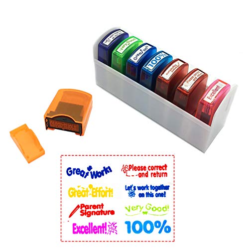 Book Cover Reliancer Colorful Self-Inking Motivation School Grading Teacher Stamp Set and Tray (8-Piece)