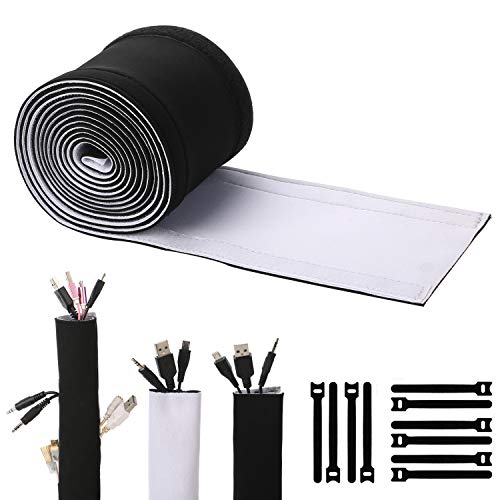 Book Cover Cable Management Sleeves, ENVEL Neoprene Cord Organizer with Free Nylon for TV USB PC Computer Network Wires (118 inches) DIY by Yourself, Adjustable Black and White Reversible Wire Hider