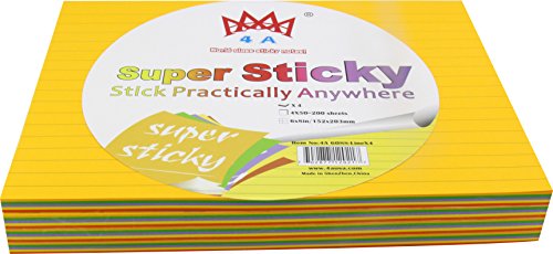 Book Cover 4A Super Sticky,6 x 8 Inches,Extra Bright Color Assorted,Lined,Self-Stick Notes,50 Sheets/Pad,4 Pads/Pack,200 Sheets/Pack,4A 608S-Lx4