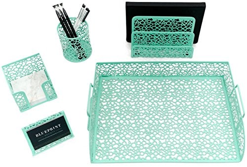 Book Cover Blu Monaco Office Supplies Mint Green Desk Organizers and Accessories-5 Piece Cute Desk Organizer Set-Letter Tray-Pen Cup-Sticky Note Holder-Business Card Holder-Mail Sorter