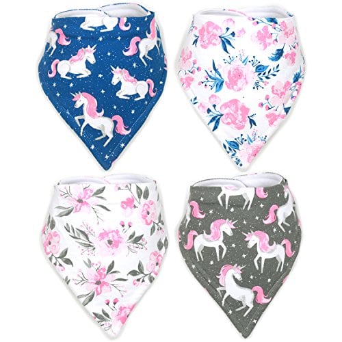 Book Cover Stadela Baby Adjustable Bandana Drool Bibs for Drooling and Teething Nursery Burp Cloths 4 Pack Baby Shower Gift Set for Girls - Flowers and Unicorns Floral Themed with Stars Fantasy