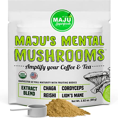 Book Cover MAJU's Mental Mushroom Powder Extract, Strong Lions Mane, Chaga, Reishi, Cordyceps, Fruiting Bodies for Coffee, Immune System Booster, Nootropic Brain Supplement, Memory, Organic Mushrooms