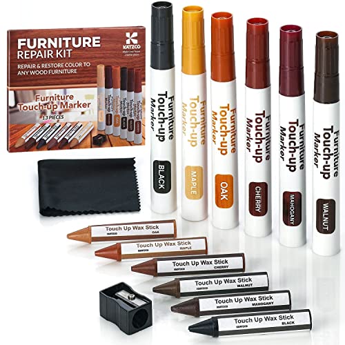 Book Cover Katzco Furniture Repair Markers For Wood Set Of 13 - Permanent Repair Filler Paste with 6 Color Markers, 6 Wax Sticks, Sharpener - For Stains,Scratches To Conceals Touch-ups, Cover-ups Damage Hardwood