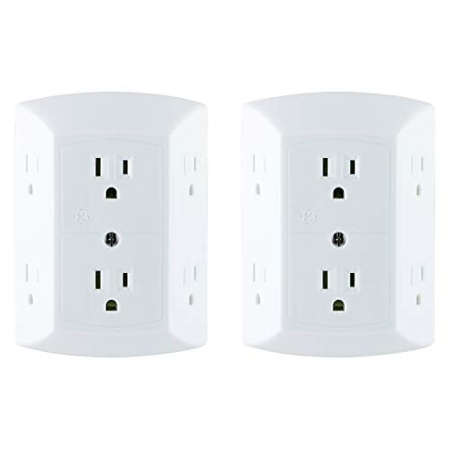 Book Cover GE 6 Outlet Wall Plug Adapter Power Strip 2 Pack, Extra Wide Spaced Outlets, Power Adapter, 3 Prong, Multi Outlet Wall Charger, Quick & Easy Install, White, 40222