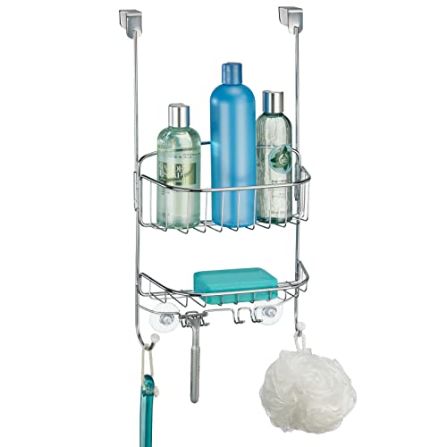 Book Cover mDesign Steel Over Door Hanging Shower Caddy Storage Organizer with 2 Baskets, 6 Hooks - Shelf Rack for Bathroom - Holds Shampoo, Conditioner, Soap, Towel, Sponge - Draper Collection - Chrome/White