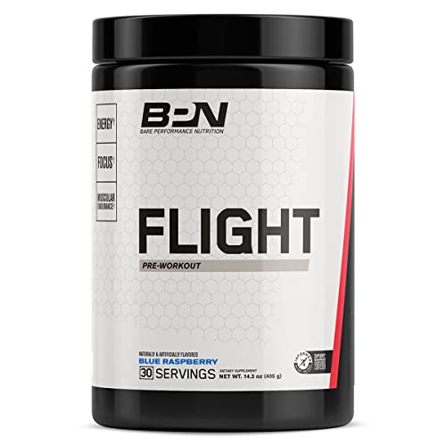 Book Cover BARE PERFORMANCE NUTRITION, BPN Flight Pre Workout, Blue Raspberry, Energy, Focus & Endurance Without The Crash, Formulated with Caffeine Anhydrous, DiCaffeine Malate, N-Acetyl Tyrosine, 30 Servings