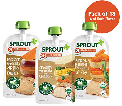 Book Cover Sprout Organic Stage 3 Baby Food Pouches, Meat Variety, 4 Ounce (Pack of 18) 6 of Each: Root Veg Apple w/ Beef, Creamy Veg w/ Chicken & Garden Veg Brown Rice w/ Turkey