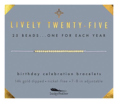Book Cover Lucky Feather Happy 25th Birthday Gifts For Women - 14K Gold Dipped Beads Bracelet on Adjustable 7”- 8” Cord - Turning 25 Birthday Gifts For Her