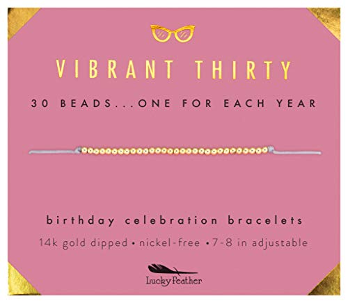 Book Cover Lucky Feather 30th Birthday Gifts for Women; 30th Birthday Bracelet with 14K Gold Dipped Beads on Adjustable Cord; 30 Jewelry Birthday Gift Ideas for Her