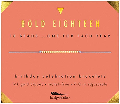 Book Cover Lucky Feather Milestone 18th Birthday Gifts For Girls - 14K Gold Dipped Beads Bracelet on Adjustable 7”- 8” Cord - Bold 18 Year Old Girl Gifts