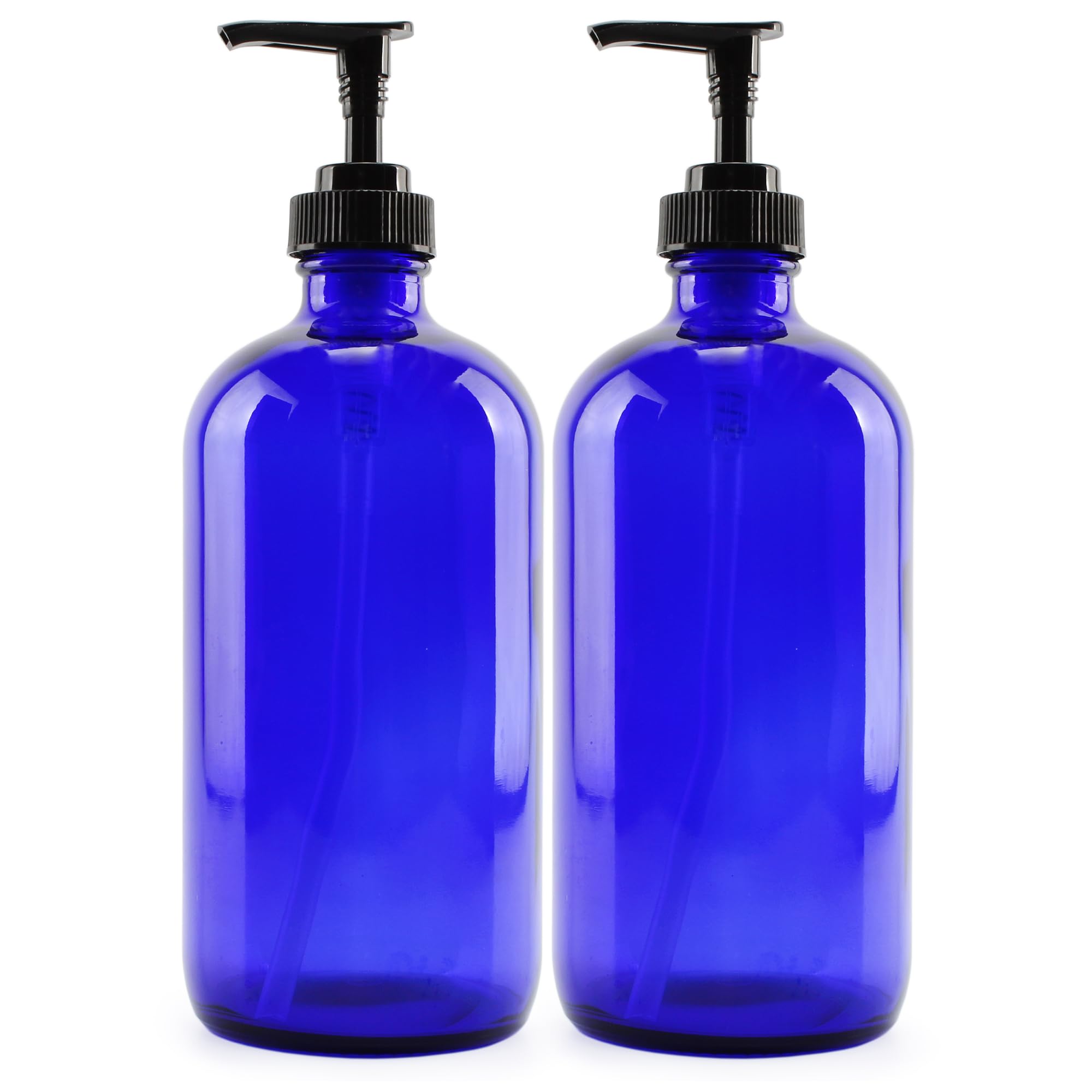 Book Cover Cornucopia 16oz Cobalt Blue Glass Bottles w/Lotion Pump Dispensers (2-Pack); Refillable Liquid Soap, Hand Care, Pump Bottles + Chalk Labels & Lids
