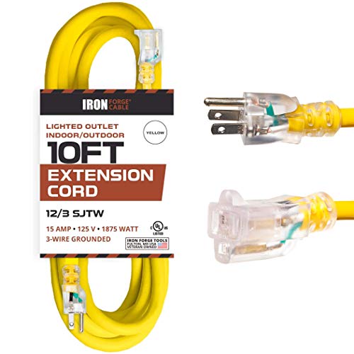 Book Cover Iron Forge Outdoor Lighted Extension Cord 10 Ft - 12/3 SJTW Heavy Duty 15 AMP Yellow Extension Cable with 3 Prong Grounded Safety Plug, 12 Gauge Extension Cord for Garden, Major Electric Appliances