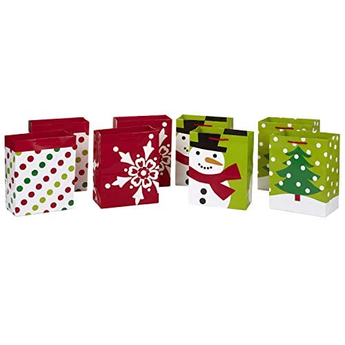 Book Cover Image Arts 5EGB5772 Gift Bag Bundle, Paper, Red and Green Snowman, 8 Pack