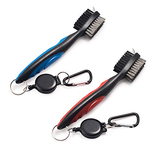 Book Cover Xintan Tiger Pack of 2 Golf Club Brush Groove Cleaner with Retractable Zip-line and Aluminum Carabiner Cleaning Tools