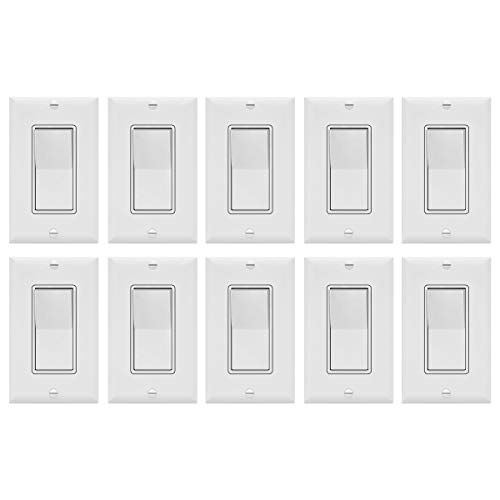 Book Cover Enerlites Decorator On/Off Paddle Wall Switch with Covers, 91150-WWP | 15 Amp, 120-277VAC, Single Pole, 3 Wire, Grounding, Residential and Commercial Graded Light Switches, UL Listed | White - 10 Pack