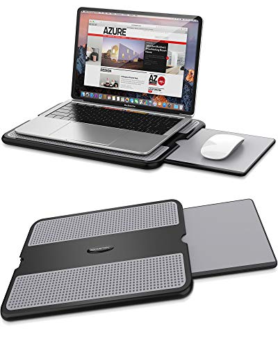 Book Cover AboveTEK Portable Laptop Lap Desk w/ Retractable Left/Right Mouse Pad Tray, Non-Slip Heat Shield Tablet Notebook Computer Stand Table w/ Sturdy Stable Cooler Work Surface for Bed Sofa Couch or Travel