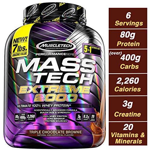 Book Cover MuscleTech Mass Tech Extreme Mass Gainer Whey Protein Powder, Build Muscle Size & Strength with High-Density Clean Calories, Chocolate, 7lbs (3.2kg)