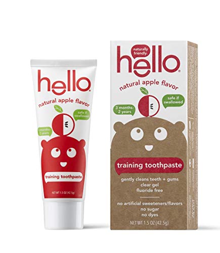 Book Cover Hello Oral Care Fluoride Free Training Toothpaste for Toddlers + Kids, Natural Organic Apple Flavor, Safe to Swallow, Clear, 1.5 Oz