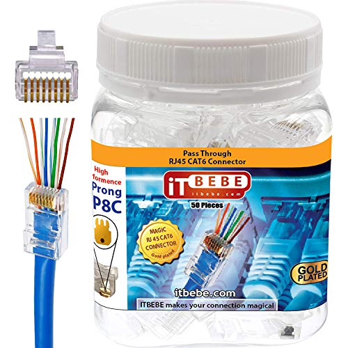 Book Cover ITBEBE 50 Pieces RJ45 Cat6 Pass Through Connectors - Gold Plated Transparent Passthrough Ethernet Insert Crimp Connector UTP Network Plug for 24 AWG Cables Quantity 50