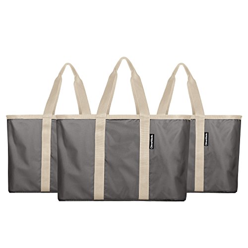 Book Cover CleverMade SnapBasket Reusable Grocery Shopping Bag - Large Eco-Friendly Durable Collapsible Tote with Reinforced Bottom, Charcoal/Cream, 3 Pack
