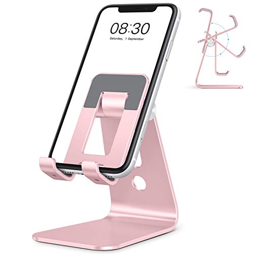 Book Cover OMOTON Adjustable Phone Stand, Desktop Phone Stand Holder Compatible with iPhone SE 2020/11/11 Pro/11 Pro Max and Other Phones, Phone Dock with [Advanced Hollow Design][Multi-Angle], Rose Gold