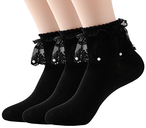 Book Cover SRYL Women Ankle Socks, Pearls Lace Ruffle Frilly Comfortable Cute Cotton Socks Ladies Girl Princess Lace Socks, H06