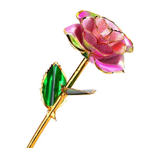 Book Cover 24k Gold Rose Flower with Long Stem Rose Dipped in Gold Gift for Women Girls on Birthday, Valentine's Day, Mother's Day, Christmas (Pink+Green)