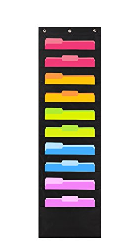 Book Cover Heavy Duty Storage Pocket Chart with 10 Pockets, 3 Over Door Hangers Included, Hanging Wall File Organizer by Hippo Creation - Organize Your Assignments, Files, Scrapbook Papers & More (Black)