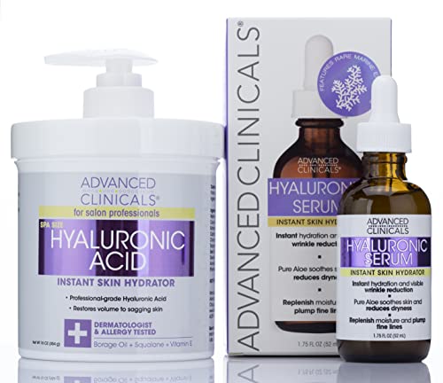 Book Cover Advanced Clinicals Hyaluronic Acid Cream and Hyaluronic Acid Serum skin care set! Instant hydration for your face and body. Targets wrinkles and fine lines. Spa size 16oz cream & large 1.75oz serum.