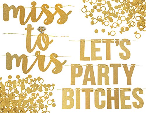 Book Cover Miss to Mrs, Let's Party Bitches Banner Set. Bachelorette, Engagement or Wedding Party Decorations. 2 Sparkly Banners with Super Fun Diamond Ring and Circle Confetti (Gold)