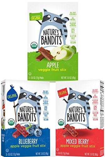 Book Cover Nature's Bandits Organic Fruit & Veggie Stix Variety Pack, Blueberry/Mixed Berry/Apple, 6 Boxes (5 Bagsper Box Of 0.6oz Bags)